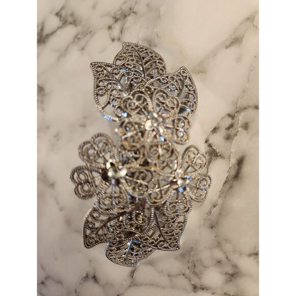 Silver Tone Filigree Floral Hair Clip Barrette With Rhinestones - Picture 2 of 5
